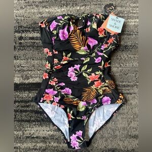 NWT SHADE & SHORE Floral One Piece With Detachable Straps & Ruching